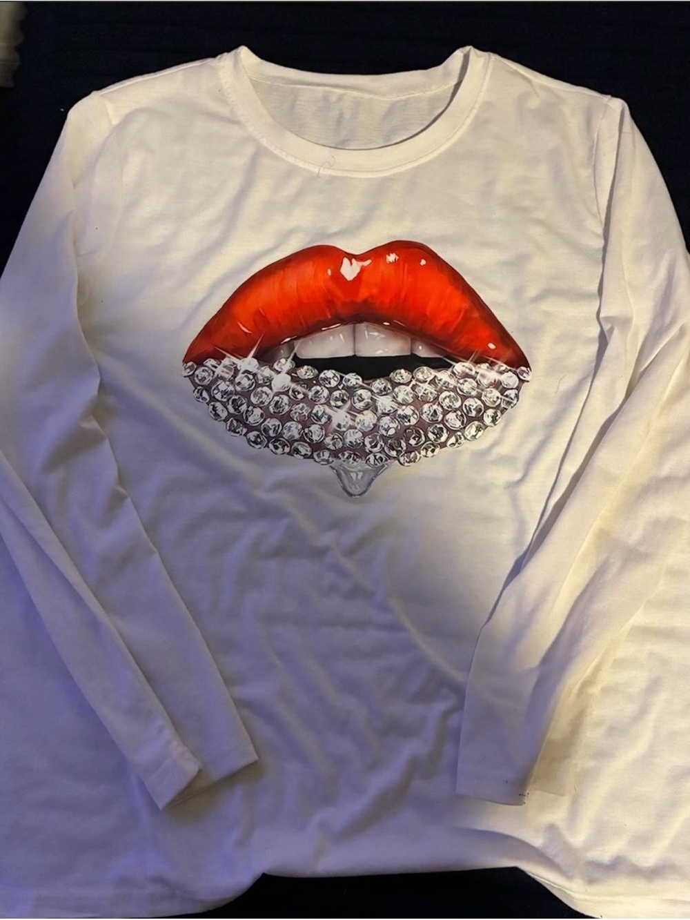 White Long-Sleeve Tee with Red Lip and Crystal Print
